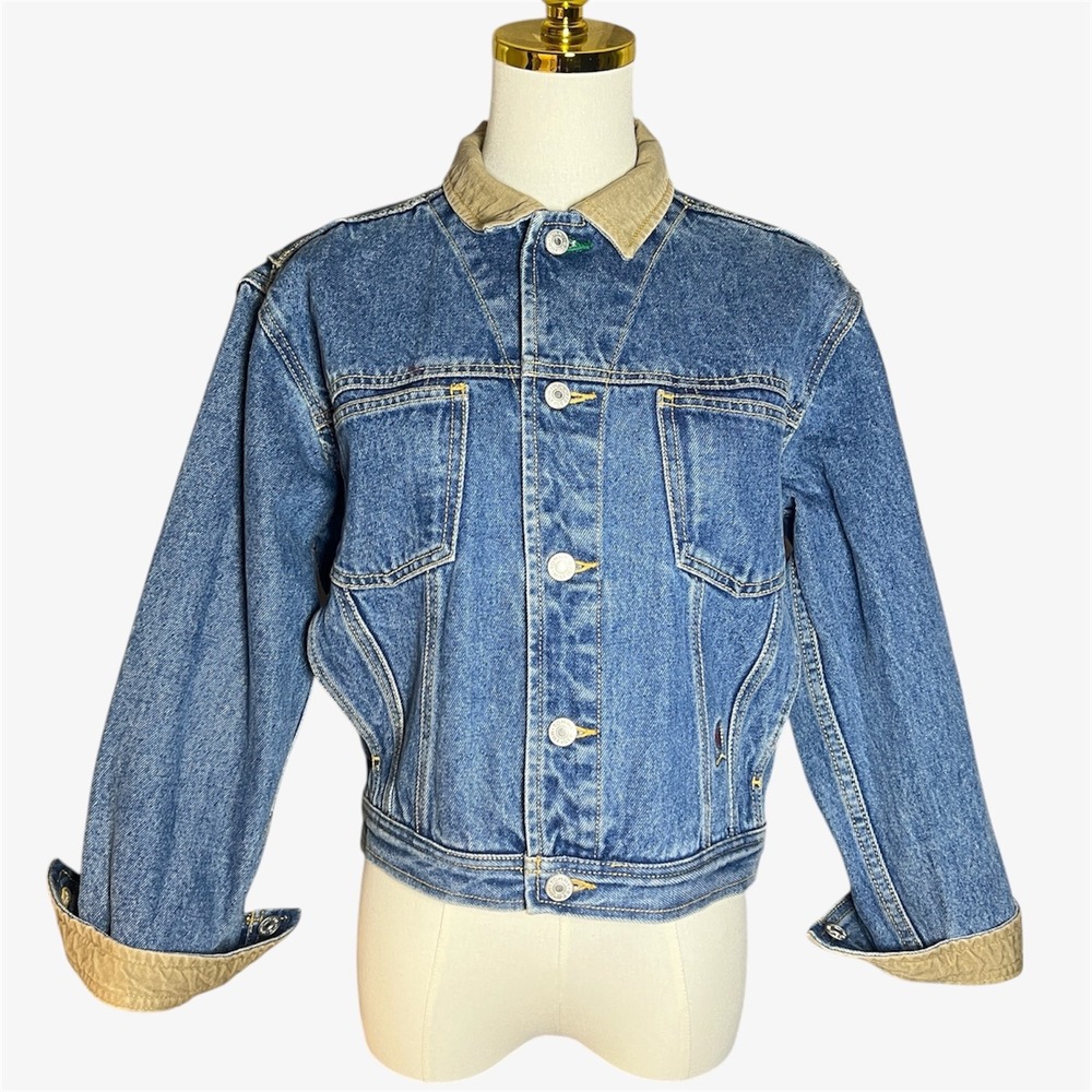 Tommy Hilfiger Denim Jacket Tan Collar Women's M Trucker Style Blue Jean